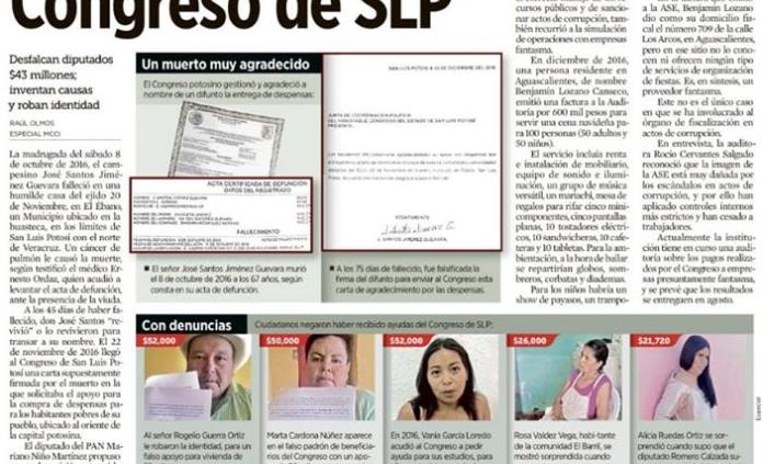 Balconean a diputados de SLP por desvío de 43 millones de pesos en Gestoría y obras fantasma