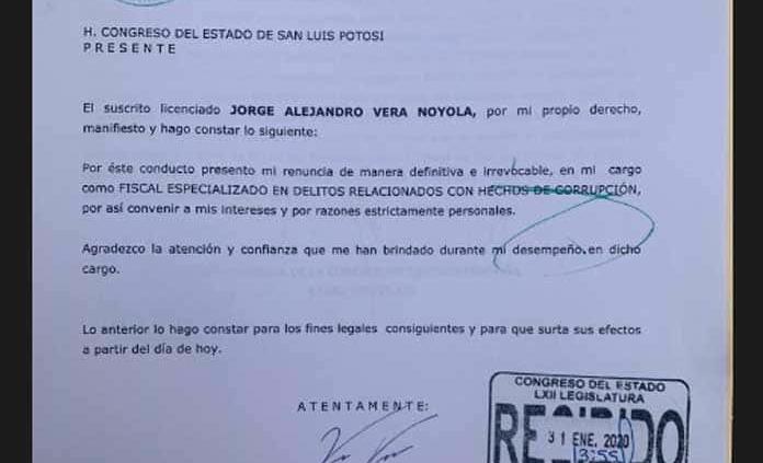 Renuncia Alejandro Vera Noyola a la Fiscalía Anticorrupción