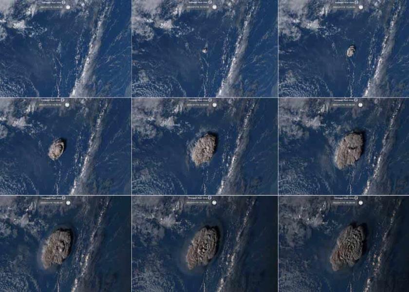 Imágenes del satélite japonés Himawari-8 muestra la erupción del volcán marino cerca de Tonga