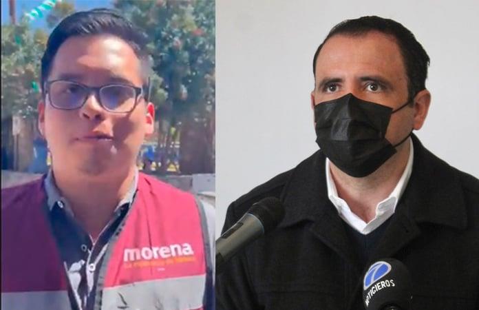 El brigadista de Morena captado en acción de proselitismo y el diputado federal panista Xavier Azuara Zúñiga.
