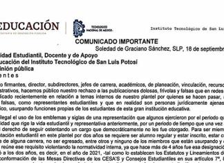 Instituto Tecnológico de San Luis Potosí emite comunicado