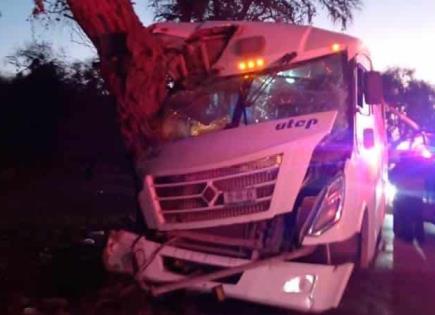 Dos heridos, al chocar camión contra un árbol