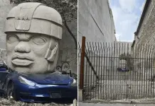 Crítica al consumismo: arte de cabeza olmeca y Tesla