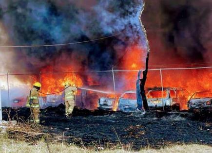 Incendio masivo destruye autos en Puebla