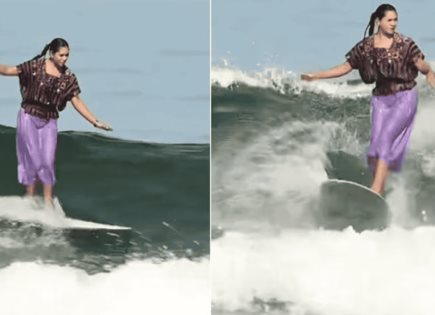 Surfista mexicana se vuelve viral al domar olas con huipil en playa La Saladita de Guerrero