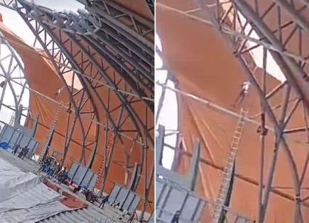 Trabajador del Estadio GNP sorprendido por viento en video viral