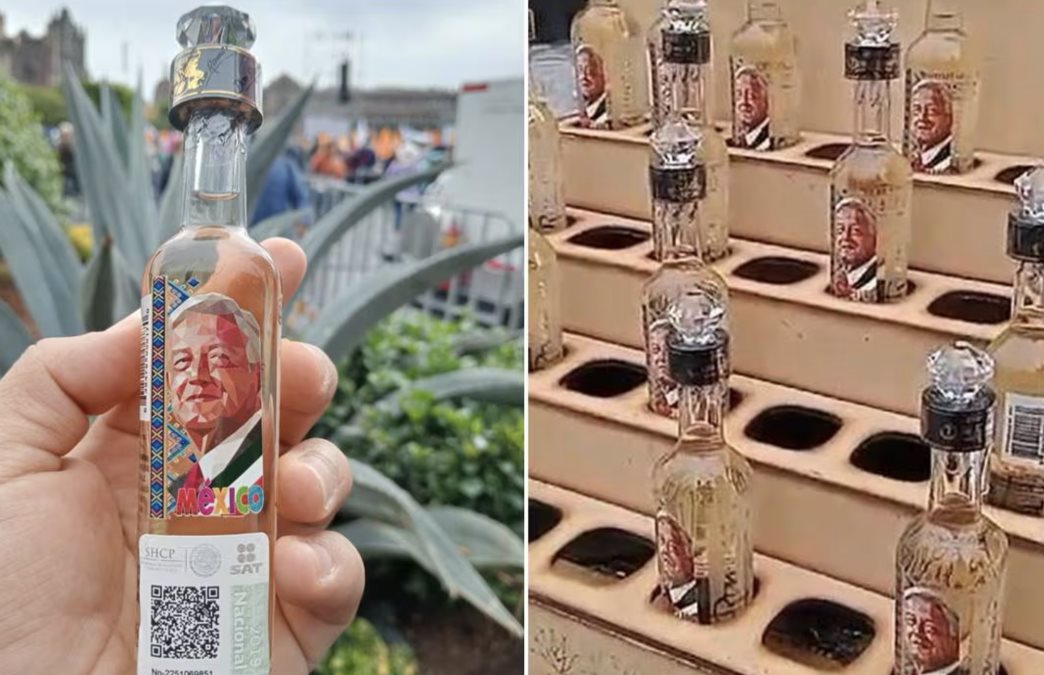 Foto vía el Universal. Tequila con imagen de AMLO