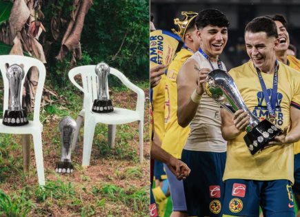 Celebración del tricampeonato del América con Bad Bunny y trofeos