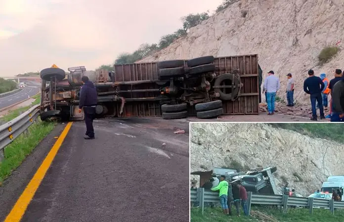Vuelca tráiler y obstruye carriles en la Carr. ´57