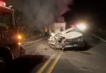 Tr&aacute;iler vuelca sobre camioneta; un muerto