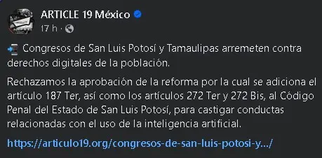 Reprueba Article 19 aprobación de Ley Mordaza contra uso de la IA