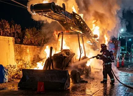 Fuego consume maquinaria de obra en avenida de Tamu&iacute;n