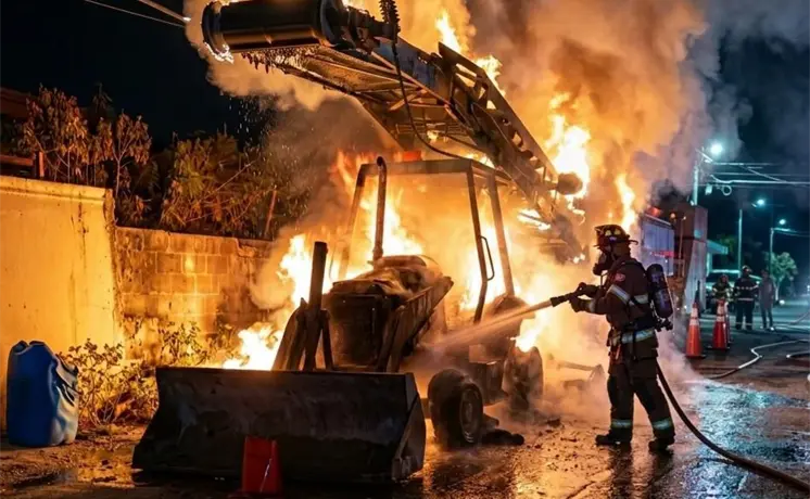 Fuego consume maquinaria de obra en avenida de Tamu&iacute;n