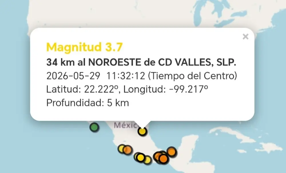 Registra SSN nuevo sismo al noroeste de Ciudad Valles