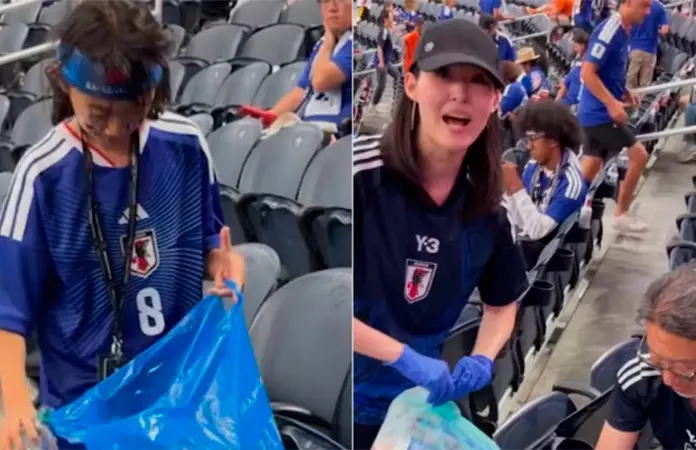 Afición y jugadores de Japón limpian estadio tras partido en México