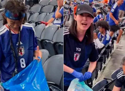 Afición y jugadores de Japón limpian estadio tras partido en México Afición y jugadores de Japón limpian estadio tras partido en México