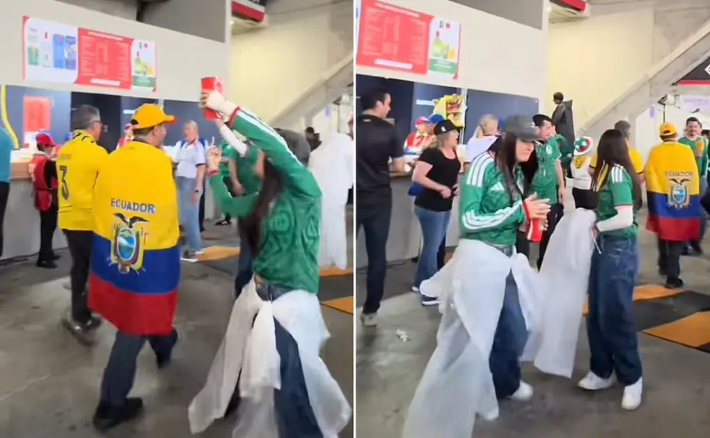 Exponen a mexicana tras lanzar bebida a aficionado de Ecuador