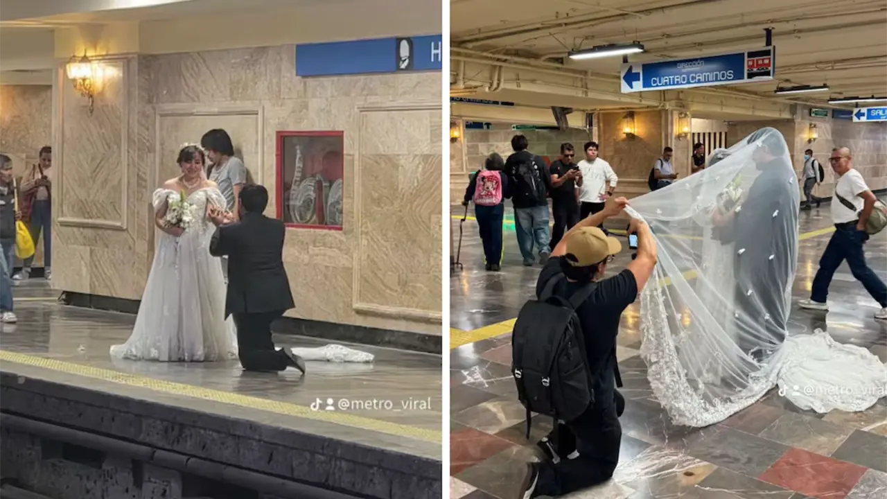 Pareja realiza sesión de fotos de boda en Metro Hidalgo