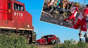 Auto es arrastrado por el tren; hay cinco lesionados