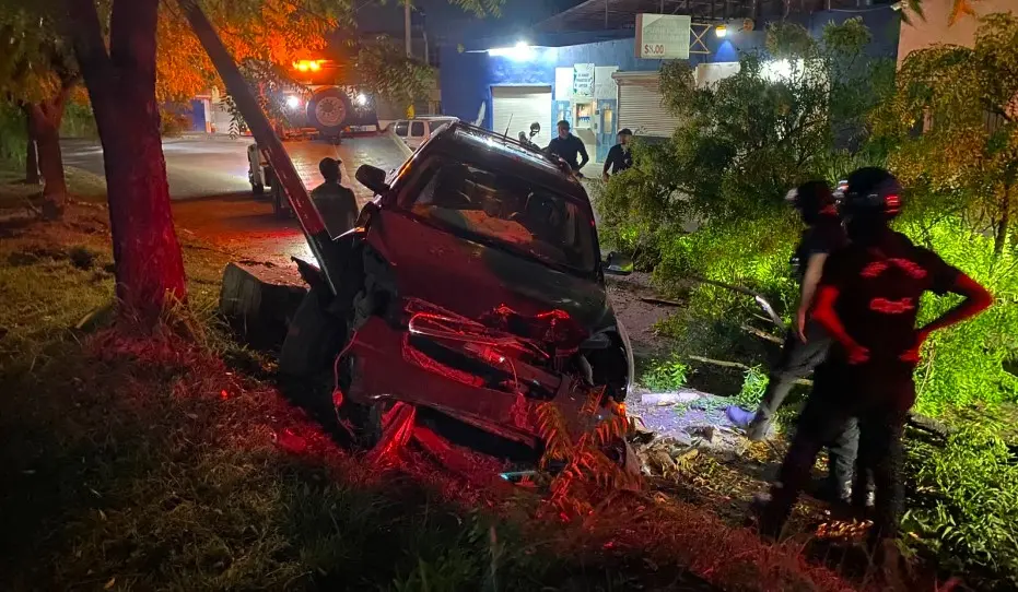 Estrellan camioneta en un poste y un árbol