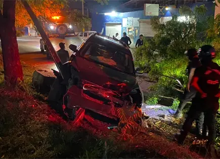 Estrellan camioneta en un poste y un &aacute;rbol