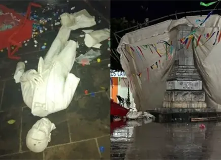 Cae estatua de Ju&aacute;rez en Matehuala y queda en trozos (fotos)