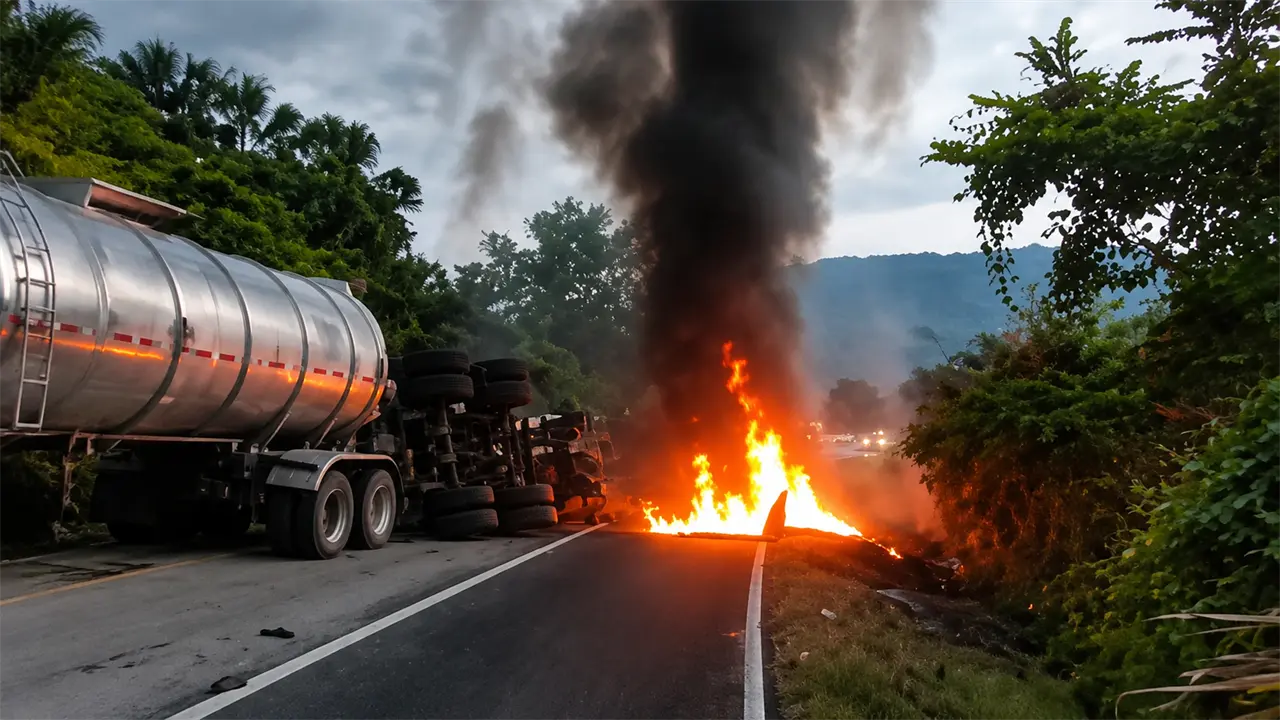 Vuelca e incendia pipa con material peligroso en la Valles-Rayón