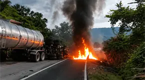 Se incendia pipa con material peligroso tras volcar en la Valles-Ray&oacute;n