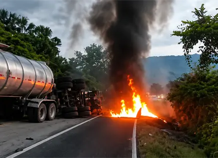 Vuelca y se incendia pipa con material peligroso en la Valles-Rayón Vuelca y se incendia pipa con material peligroso en la Valles-Rayón