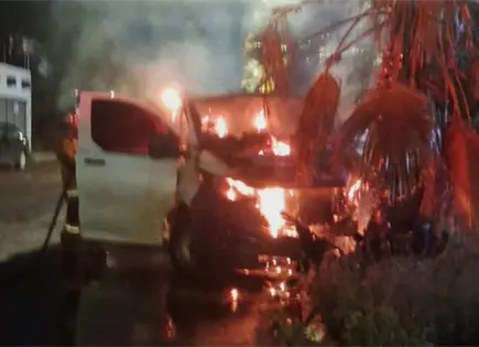 Fuego acaba con camioneta tras choque en palmera