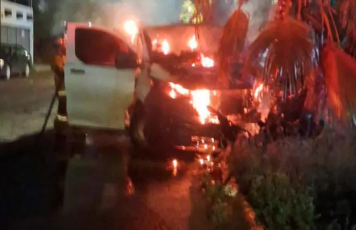 Se quema una camioneta al chocar contra palmera