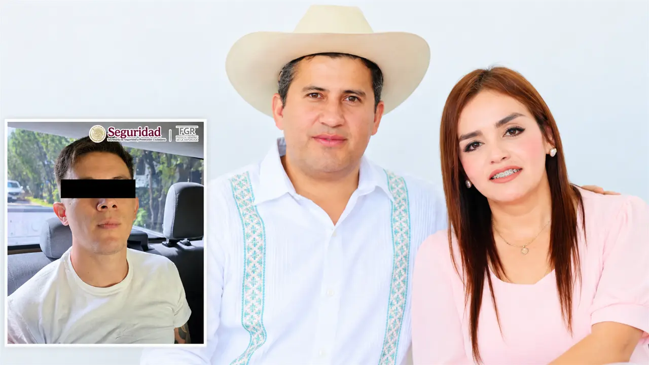Carlos Manzo y Grecia Quiroz; en el recuadro, "El Brilloso", detenido por su presunta participación en el asesinato del alcalde.