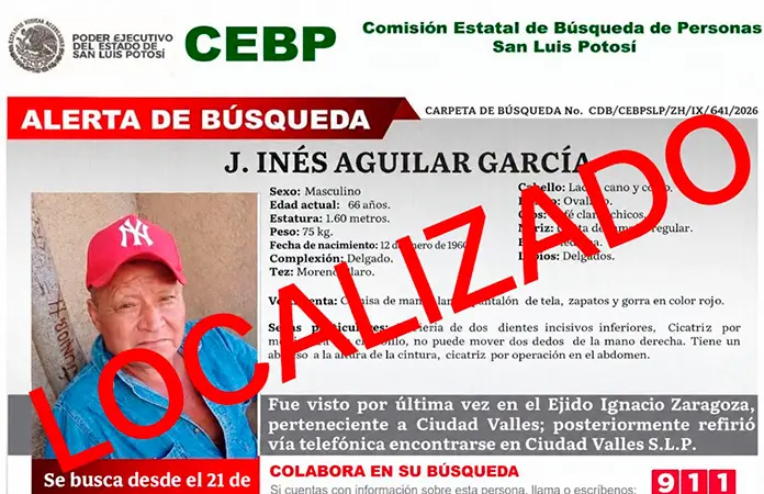 Localizan a adulto mayor; otro sigue desaparecido